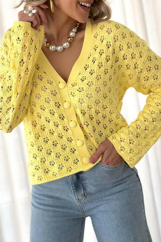 Yellow Pointelle Knit V Neck Sweater Cardigan.