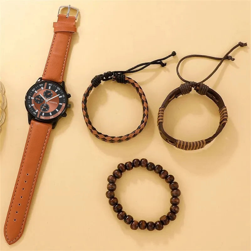 4PCS Set Fashion Mens Business Watches For Men Brown Leather Hand Rope.
