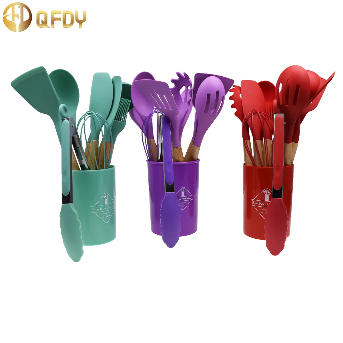 12 pieces Silicone Kitchenware Set with Wooden Handles: Includes Non-Stick Pans, Cooking Tools.