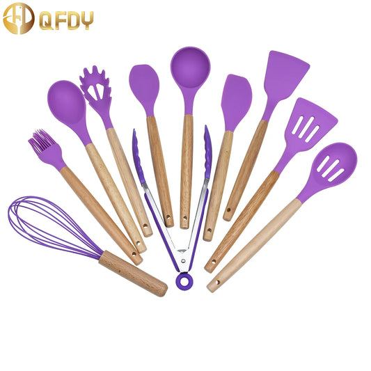 12 pieces Silicone Kitchenware Set with Wooden Handles: Includes Non-Stick Pans, Cooking Tools.