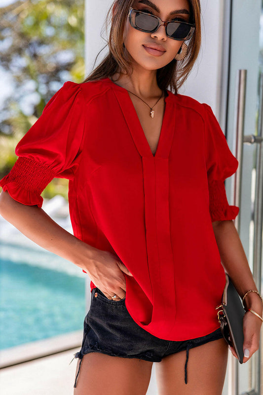 Fiery Red Solid Color Half Sleeve V Neck Blouse.